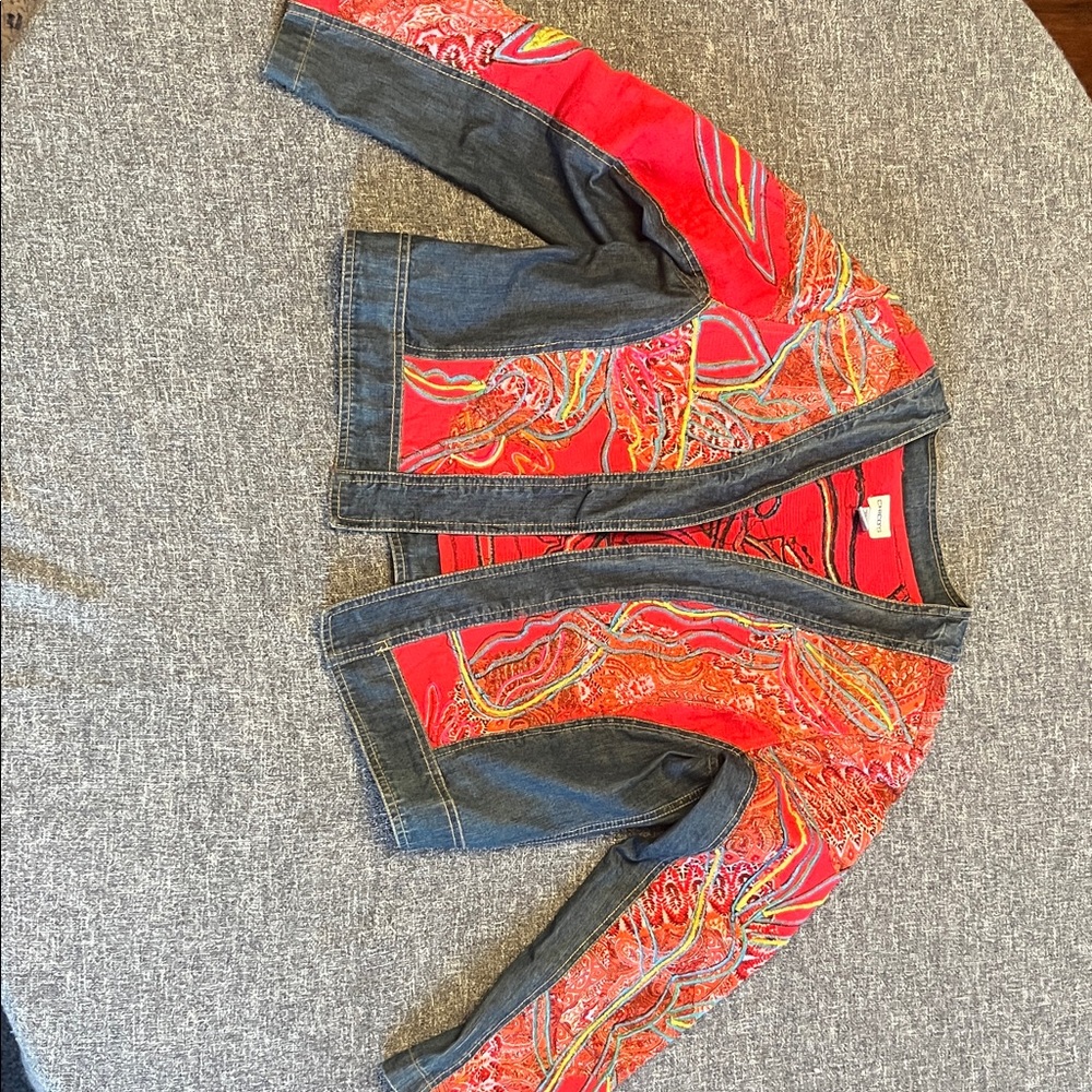 Chico's Red and Denim Embroidered Jacket